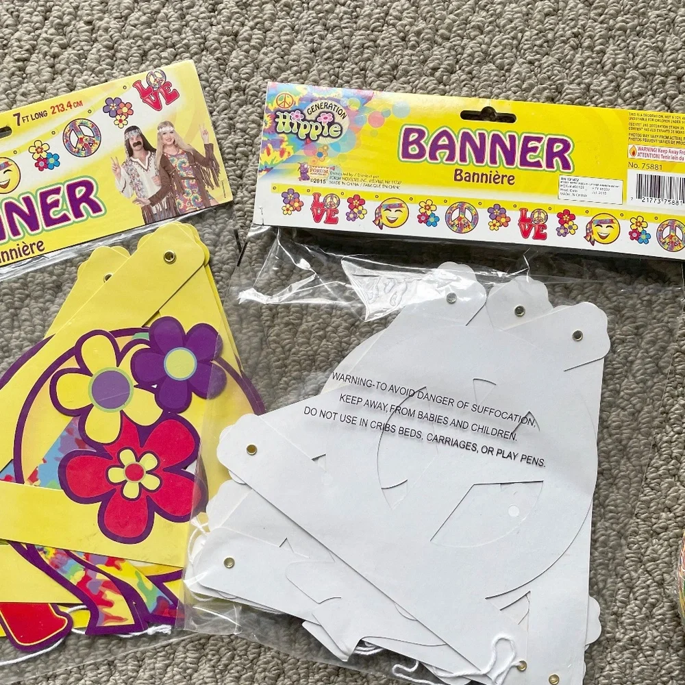 Bundle of 2 Yellow Hippie Icons Love Party Banner & Matching LOVE Paper Plates